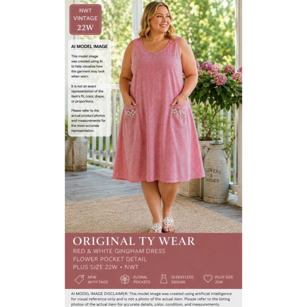 Original TY Wear VTG NWT Red White Gingham Dress 22W Floral Pocket Plus Size